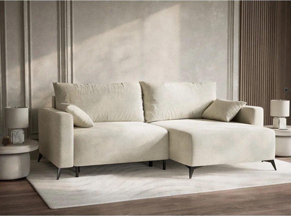 Kremowy rozkładany narożnik ze schowkiem z tkaniny szenilowej (prawostronny/z szezlongiem) Leon – Maison de Rêve