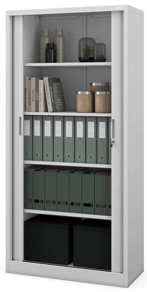 Metalowa szafa biurowa na akta z roletą DAMIAN, 900 x 1850 x 450 mm, szara