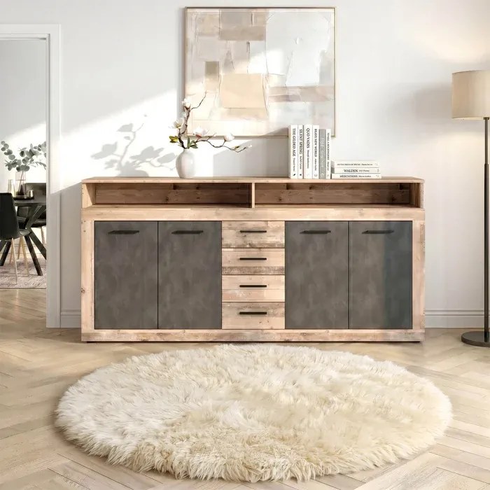 Komoda Czterodrzwiowa BLAGO 190 cm Surowy Dąb/Czarny Loft