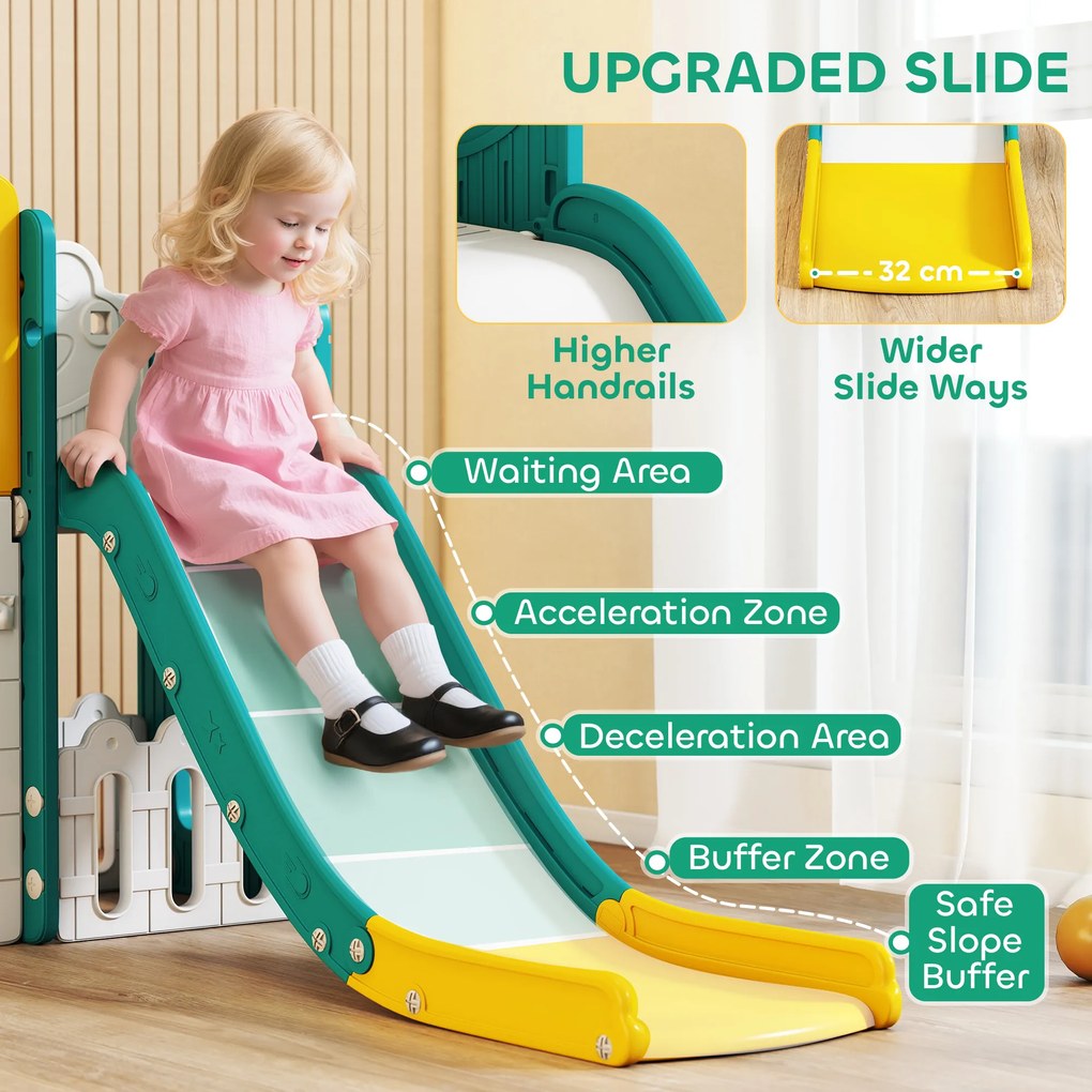 AIYAPLAY Zestaw zjeżdżalni 7 w 1 dla dzieci, kosz do koszykówki, motyw żabki, urządzenie do wspinaczki, siedzisko huśtawki, do użytku wewnętrznego i zewnętrznego, Żółty+Zielony