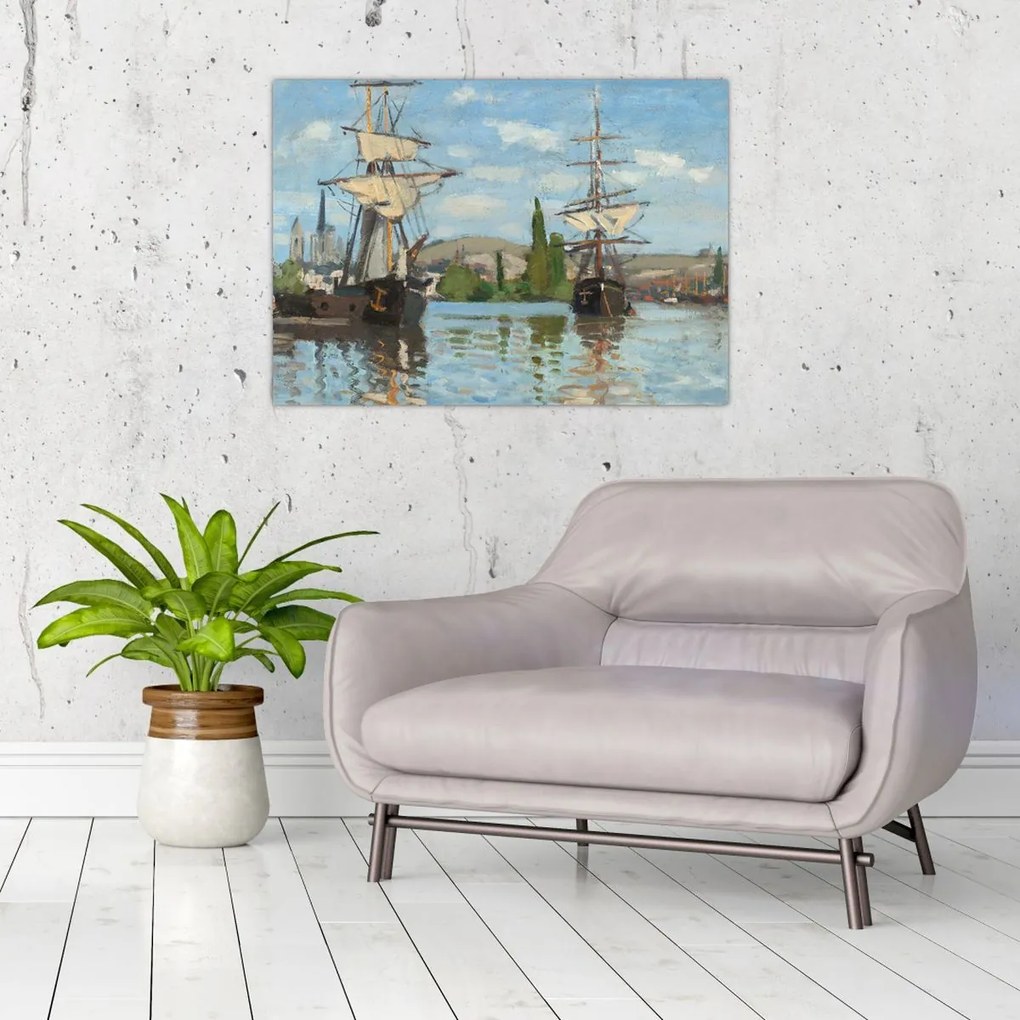 Obraz na szkle - Claude Monet, Ships Riding on the Seine at Rouen, reprodukcje (70x50 cm)