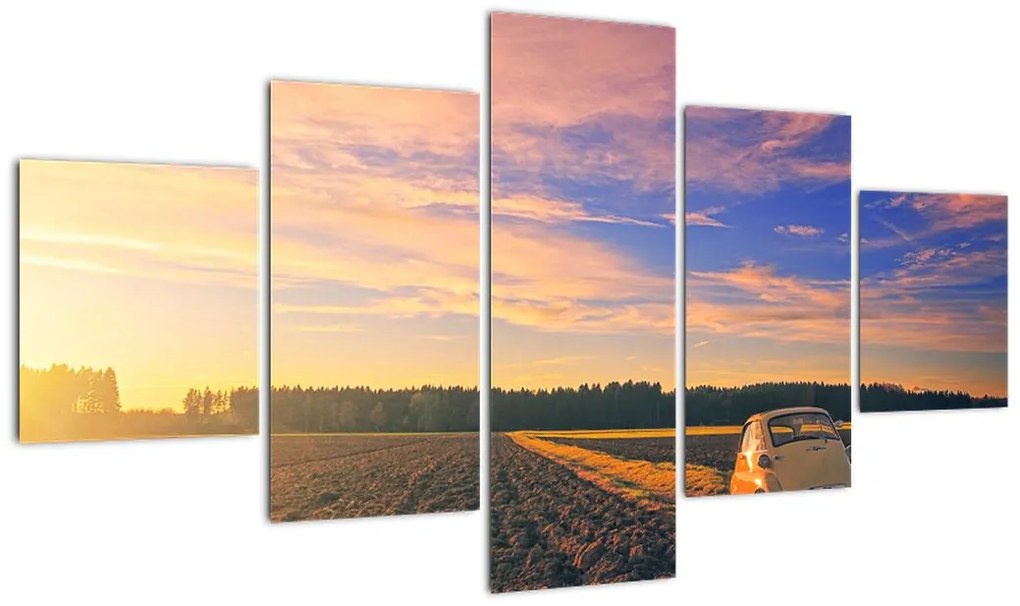 Obraz żółtego samochodu na polu (125x70 cm)