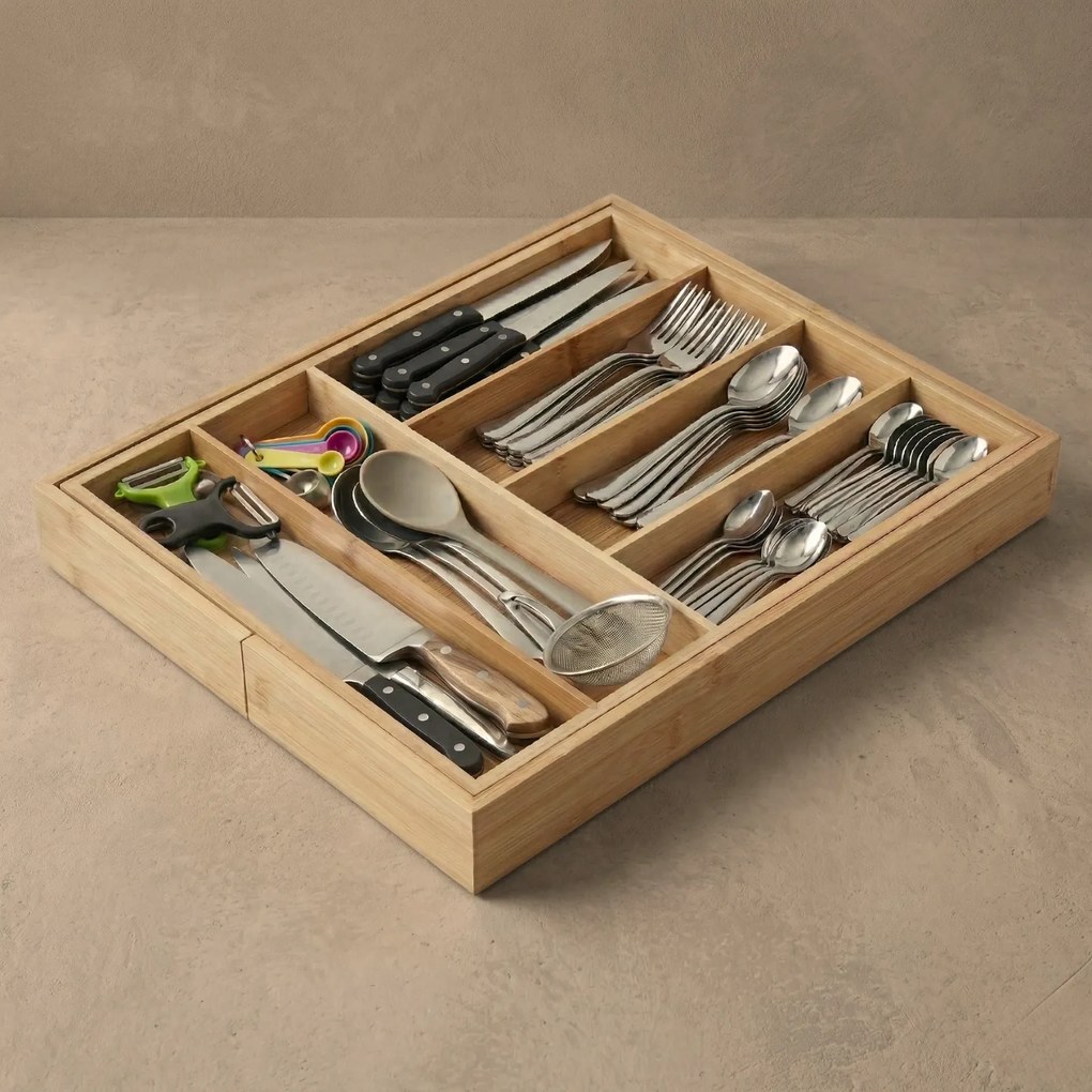 Rozkładany organizer na sztućce VARIO, 53 x 33-43 cm, bambus