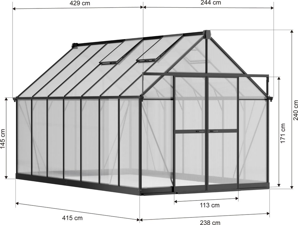 Szklarnia 240 x 244 x 429 cm, wzmocniona konstrukcja, poliwęglan 6 mm