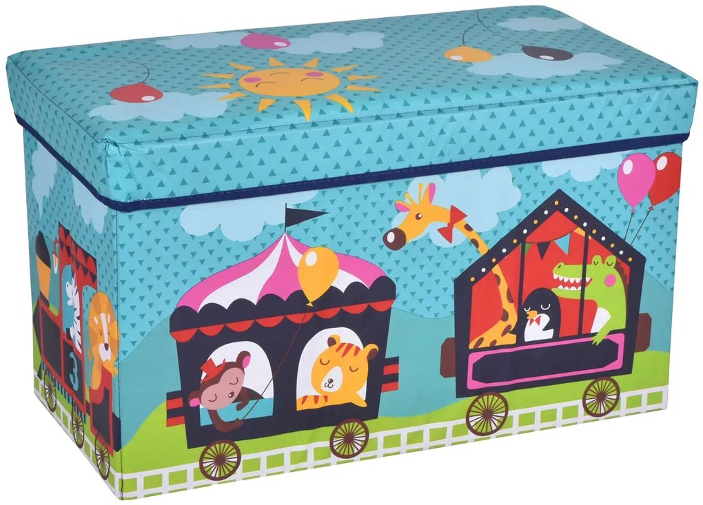 Niebieska składana pufa dziecięca ze schowkiem pociąg M8-P44