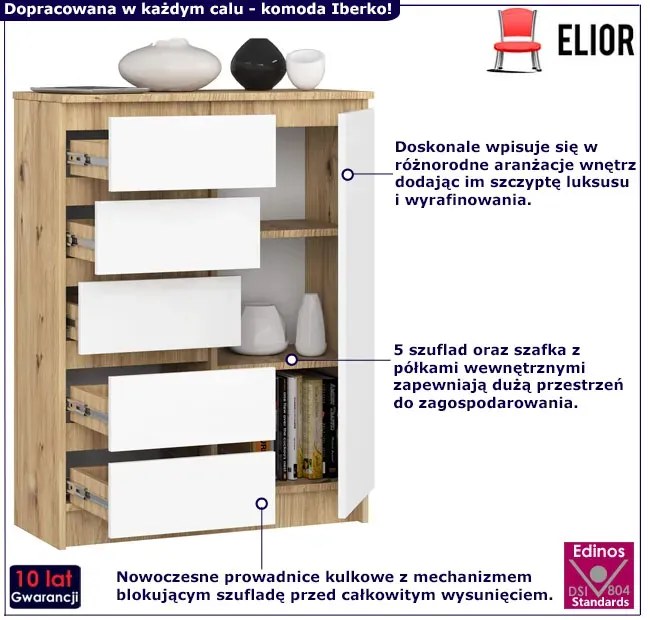 Skandynawska Komoda Biały Z Szufladami Dąb Artisan + M8-R35