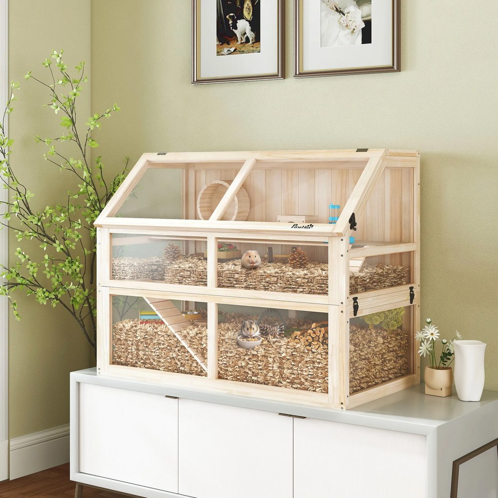 PawHut Klatka dla chomika z drewna 3 poziomy Klatka dla gryzoni z huśtawką, kołowrotkiem, domkiem 95 x 53 x 76 cm naturalne drewno | Aosom PL