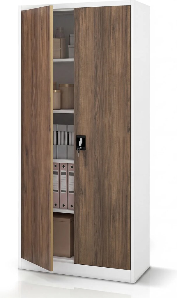 Szafa biurowa metalowa wysoka na dokumenty biała/orzech, 900x1950x400 mm: JAN H Eco Design