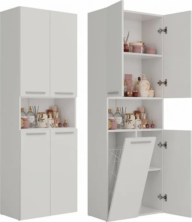 Słupek Łazienkowy Nel 1K DK |  Biały |  60x30x174 cm | Regał Z Koszem