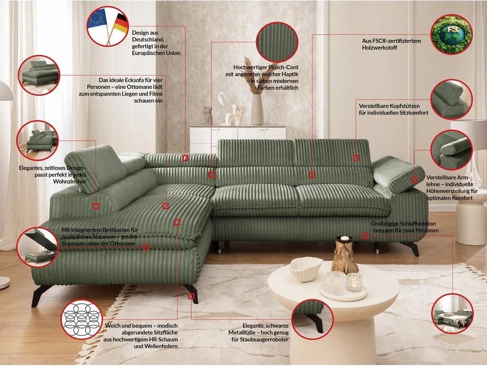 Zielony sztruksowy narożnik (lewostronny/w kształcie litery L) Marbeya – Ropez