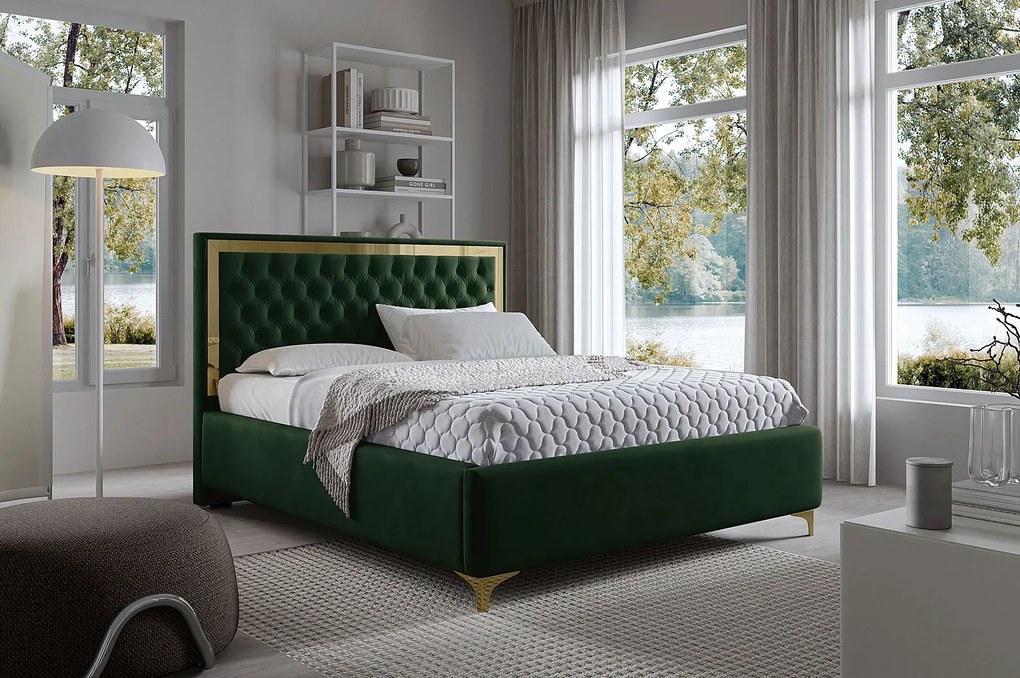Ciemnozielone łóżko tapicerowane z pikowanym zagłówkiem H2-D11