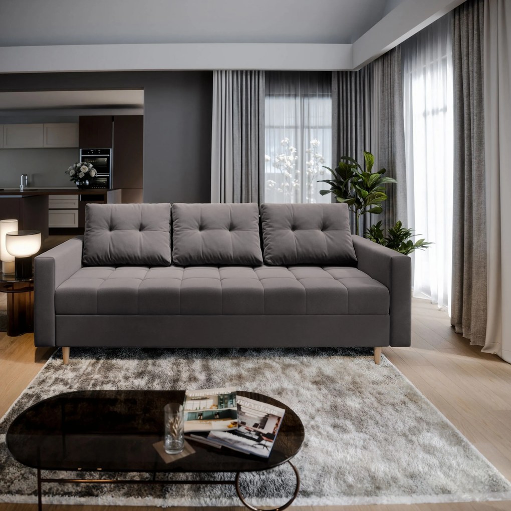 Masseno Sofa MILO z funkcją spania i pojemnikiem na pościel, Rozkładana sofa - Szary, PAROS 06