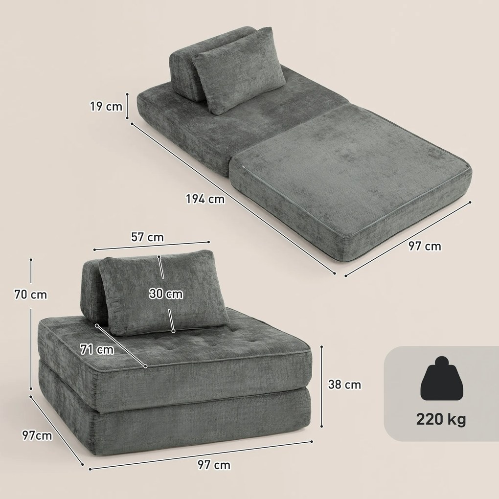 HOMCOM składany fotel podłogowy 2w1 sofa podłogowa składany materac z funkcją spania Chenille z poduszką do 220 kg szary | Aosom PL