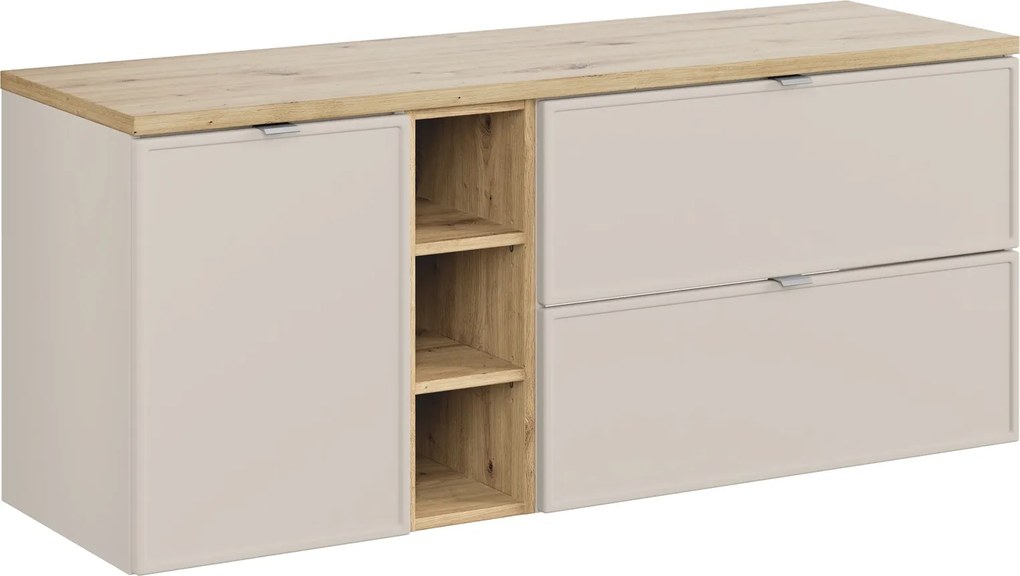 Szafka łazienkowa Bella 140 cm z koszem na pranie i regałem, kaszmir/dąb artisan