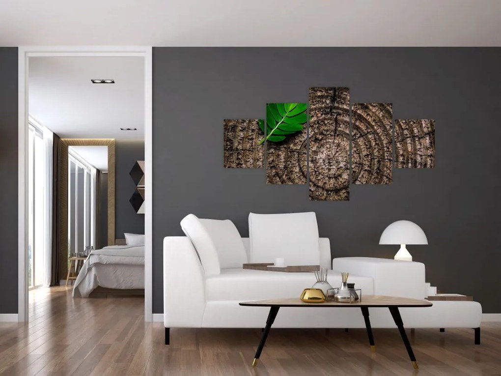 Obraz liścia na pniu drzewa (125x70 cm)