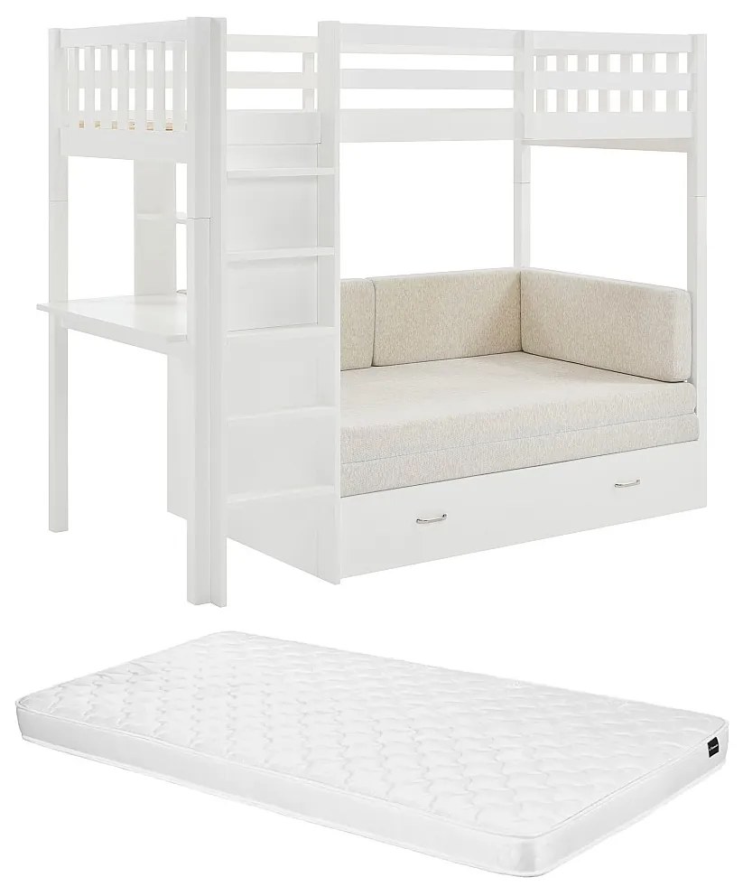 Łóżko antresola 90 x 190 cm z rozkładaną kanapą - Drewno sosnowe i MDF - Biały + Materac - ORPELIA