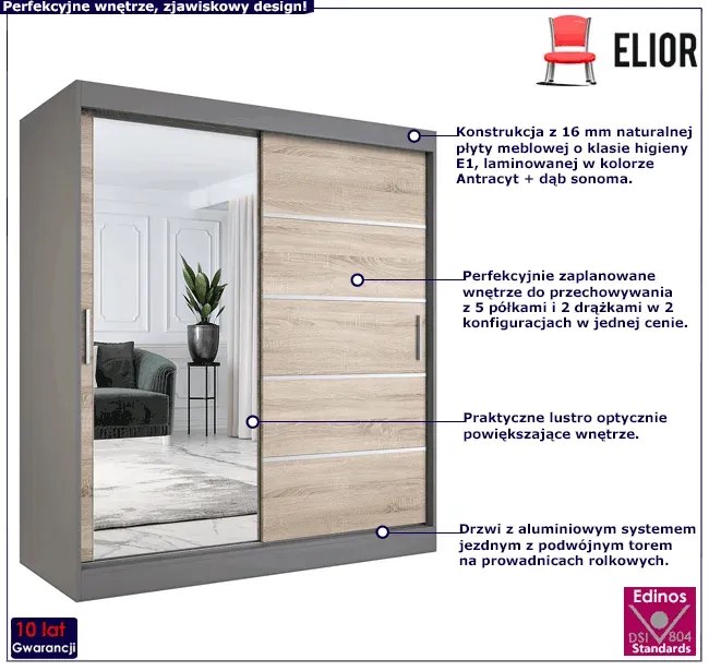 Szafa przesuwna 180 cm antracyt + dąb sonoma - Ebia 5X