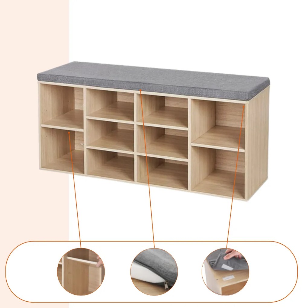 Szafka na buty z tapicerowaną ławką GABI, 10 przegródek, 104x30x48cm, szary/jasnobrązowy Jurhan