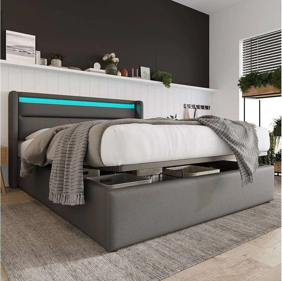 Łóżko ze schowkiem 160 x 200 cm - Szary PU - Łóżko z regulowanym oświetleniem LED - Stelaż z listew - Bez materaca