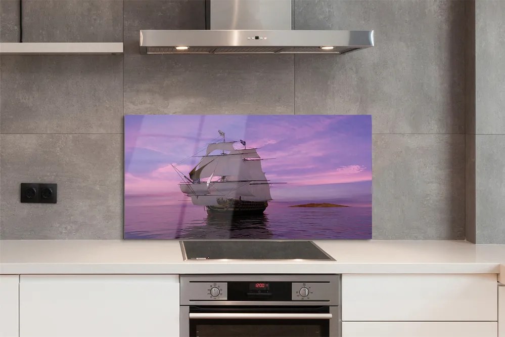 Szkło do Kuchni na Ścianę Statek pod Fioletowym Niebem