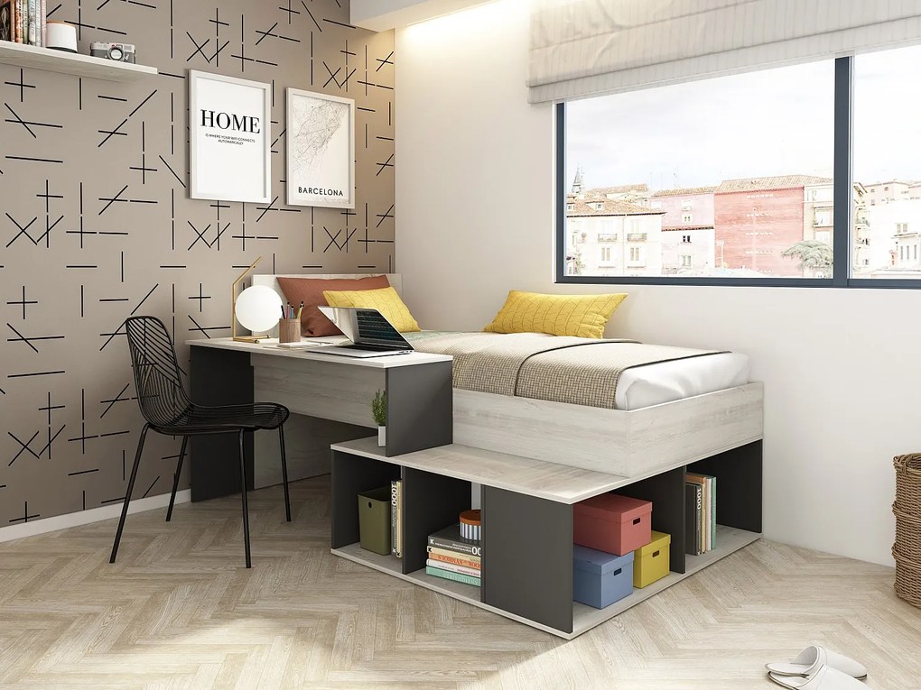 Łóżko wielofunkcyjne 90 × 200 cm z ze skrzynią  i biurkiem – naturalne i antracytowe – RIGALI