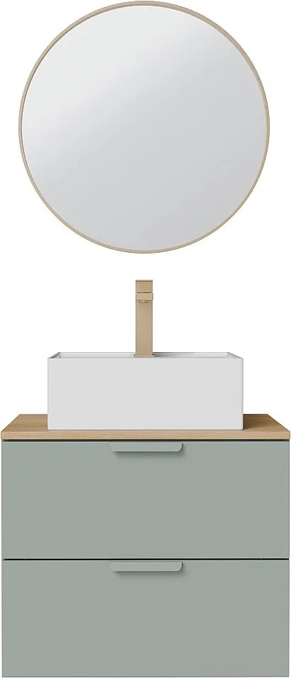 Wisząca szafka łazienkowa z umywalką wpuszczaną w blat kwadratową, baterią i lustrem – Szałwiowa zieleń – S60 cm – AVORELI