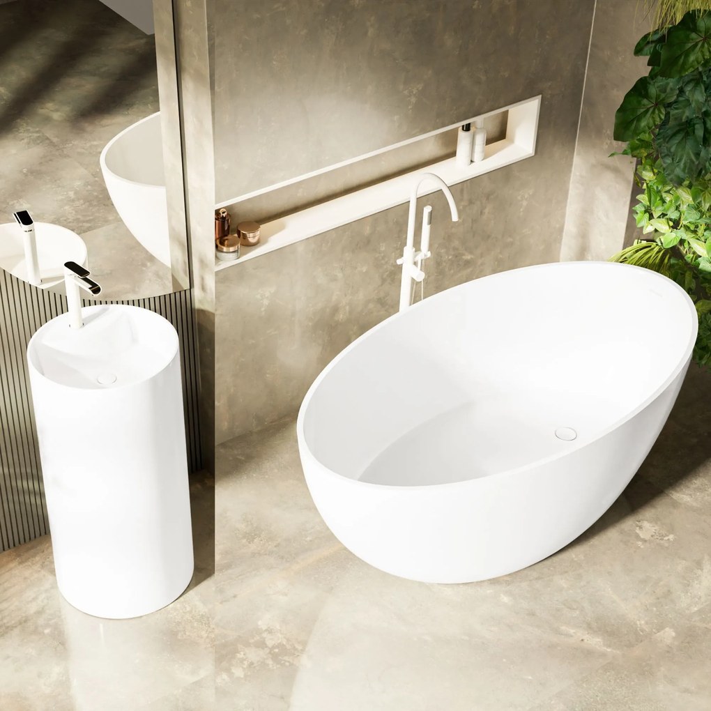 Umywalka z konglomeratu wolnostojąca okrągła biała matowa 87 x 44 cm KALMI WHITE MATT z otworem na baterię : Podłączenie syfonu - Do ściany