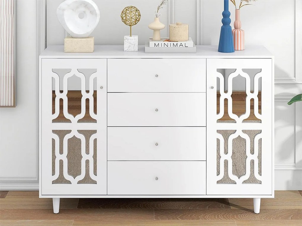 Bufet niski - 2 drzwi i 4 szuflady - uchwyt kryształowy - Biały