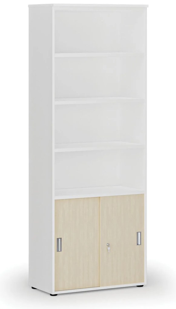 Szafa biurowa kombinowana PRIMO WHITE, drzwi przesuwne na 2 poziomach, 800 x 420 x 2128 mm, biały/brzoza