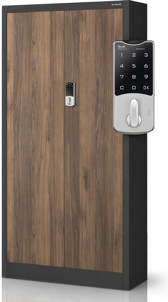 Biurowa szafa metalowa z zamkiem na szyfr antracytowa / orzech: Eco Design DANIEL, 900 x 1850 x 400 mm