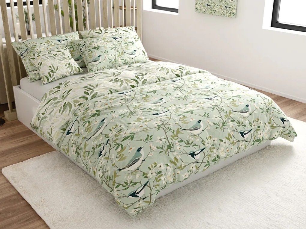 PrzytulneMieszkanie.pl PrzytulneMieszkanie.pl Bawełniana pościel FLORIBIRD POLY zielona Rozmiar pościeli: 2 szt 70 x 90 cm | 200 x 220 cm