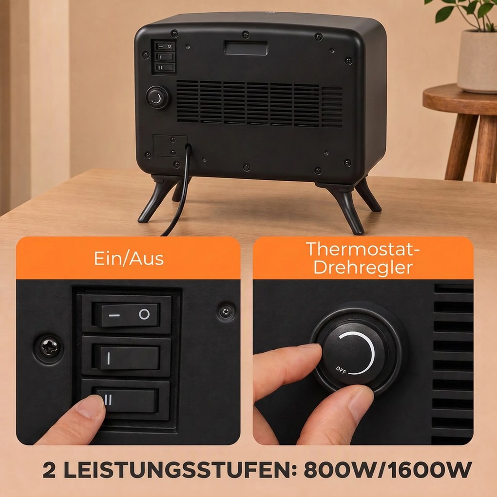 HOMCOM Elektryczny kominek 800/1600W z ogrzewaniem, odłączana podstawa, regulowany termostat, efekt płomienia 3D | Aosom PL