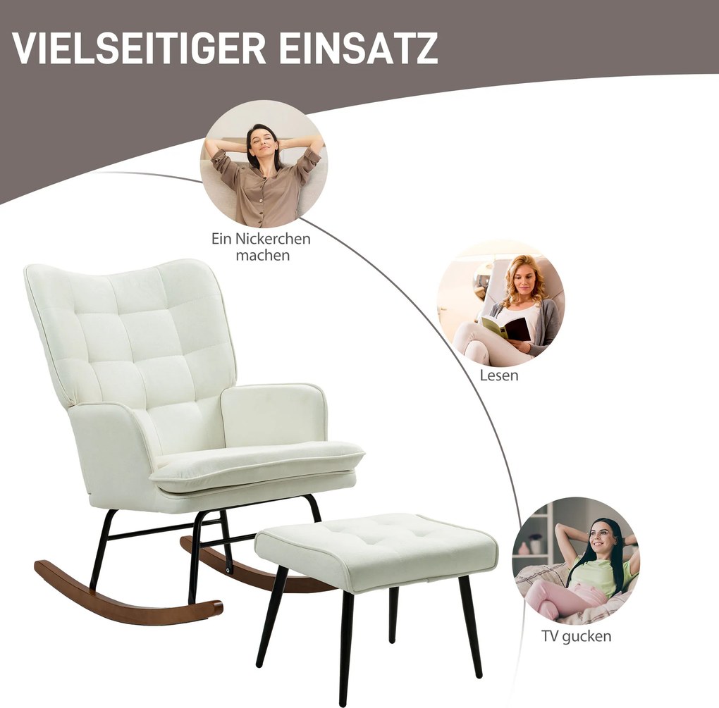 HOMCOM Fotel bujany z podnóżkiem, delikatny system bujania, imitacja lnu, 64 x 89 x 90 cm, kolor kremowy