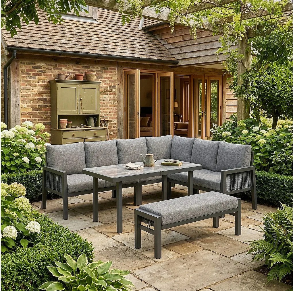 Zestaw mebli ogrodowych 8-osobowy - narożnik + stolik kawowy + ławka - pleciona lina polietylenowa - metal - szary