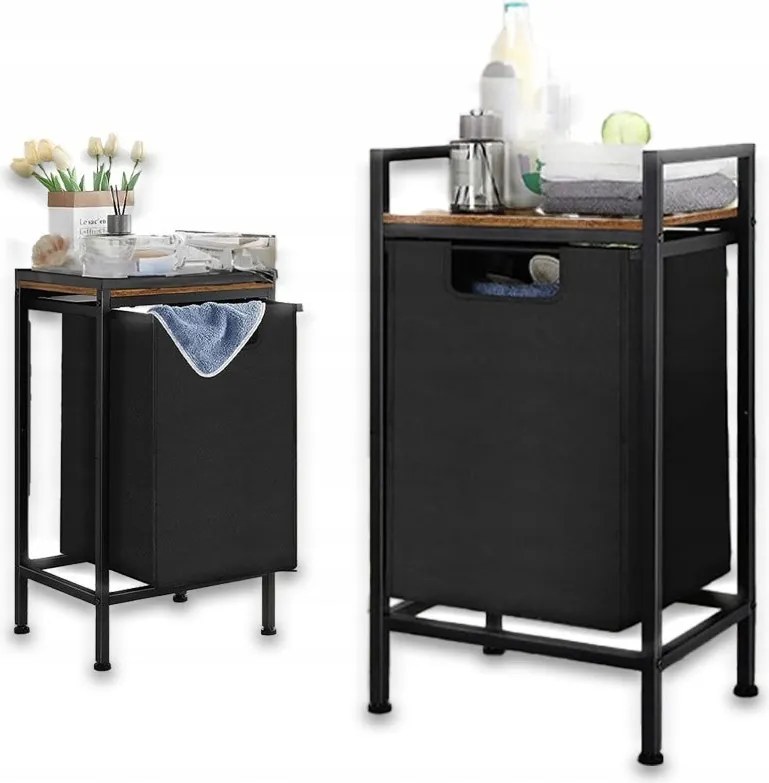 Kosz na pranie wolnostojący z półką industrialny loft drewniany retro 72 cm