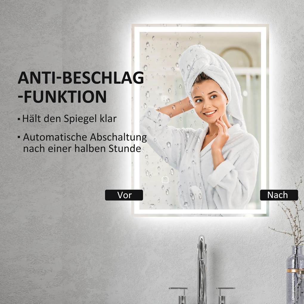 HOMCOM Lustro łazienkowe ścienne LED z dotykowym przełącznikiem, Białe