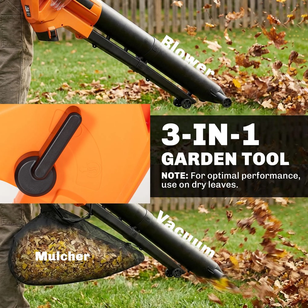 Outsunny Elektryczna dmuchawa i odkurzacz do liści 3000W 3 w 1 z workiem 40L, 4 kołami, regulowanym paskiem na ramię, pomarańczowy | Aosom PL