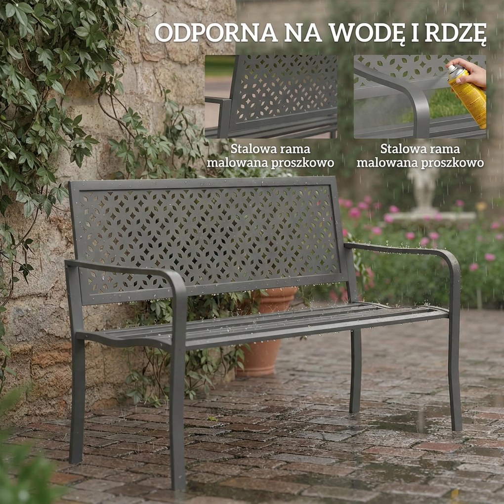 Outsunny Ławka ogrodowa 2-osobowa Metalowa odporna na warunki atmosferyczne Ławka zewnętrzna z odpornym na rdzę oparciem, geometryczna do 240 kg | Aosom PL