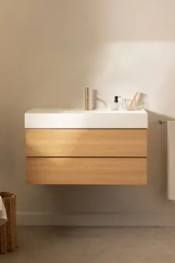 Zestaw Wiszących Mebli Łazienkowych Z Drewna I Forniru Jesionowego Zintegrowany Z Umywalką Ona Naturalna & Bezlusterkowiec & Szczotkowane Złoto ↑20 Cm