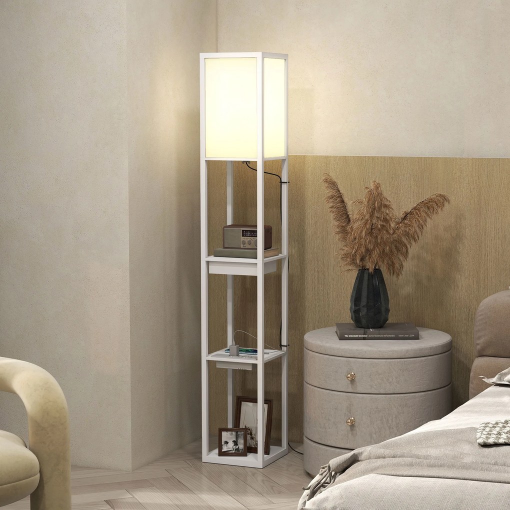 HOMCOM Lampa stojąca z 3-poziomowym regałem, przełącznik nożny, porty USB, MDF, Biała | Aosom PL