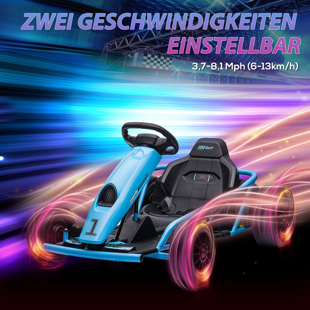 HOMCOM Elektryczny Gokart dla Dzieci z Funkcją Driftu, Klakson, Muzyka, Pas Bezpieczeństwa, Miękki Start, Niebieski/Czarny