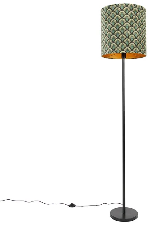 Lampa podłogowa czarny abażur wzór paw złoty wewnątrz 40 cm - Simplo