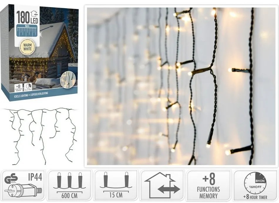 Świąteczny łańcuch świetlny Icicle ciepła biała, 180 LED, 6 m