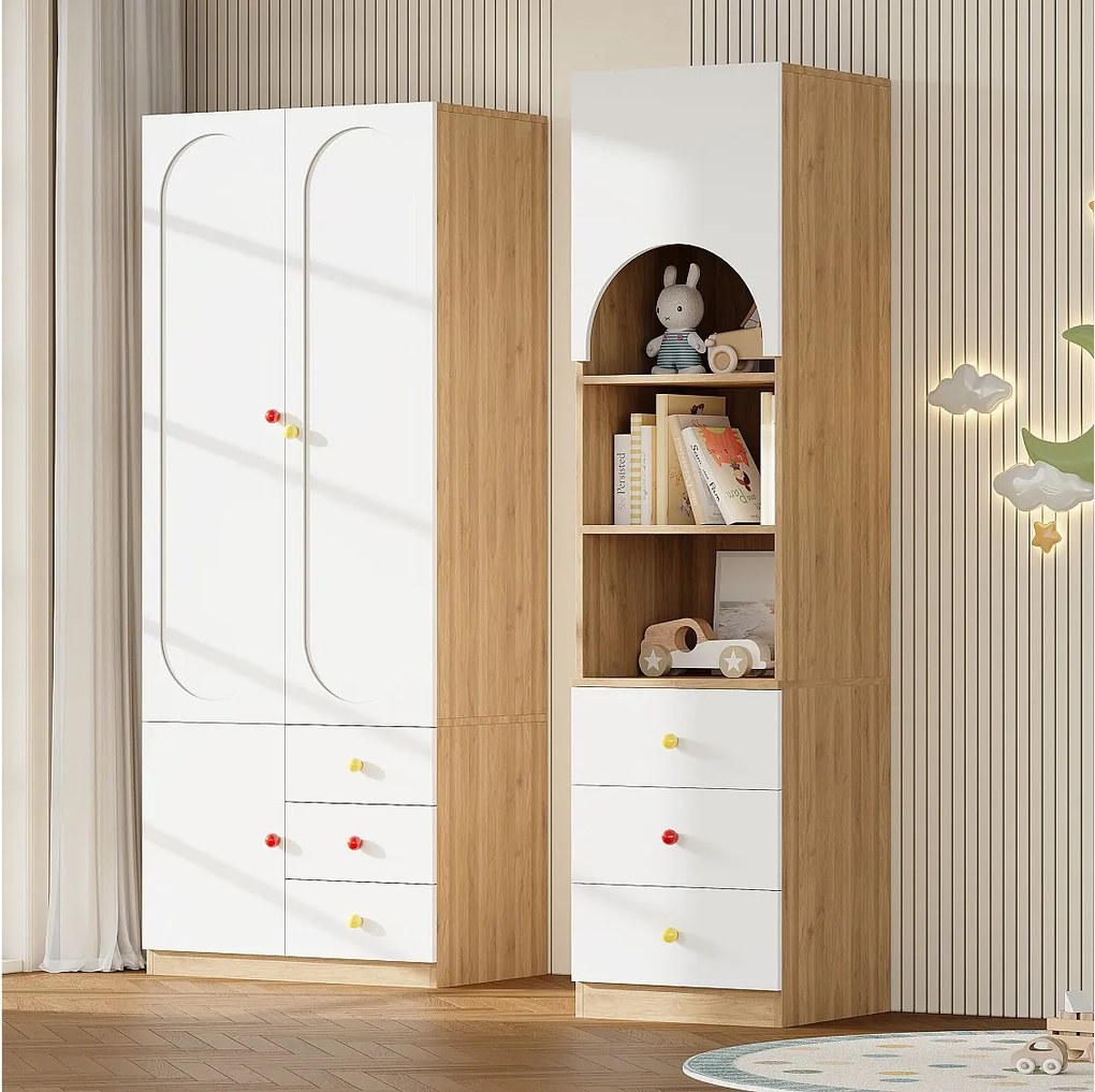 Zestaw szafa + półka - szafa 2 drzwi + półka - duże miejsce do przechowywania - ceramiczne uchwyty - biały + naturalny