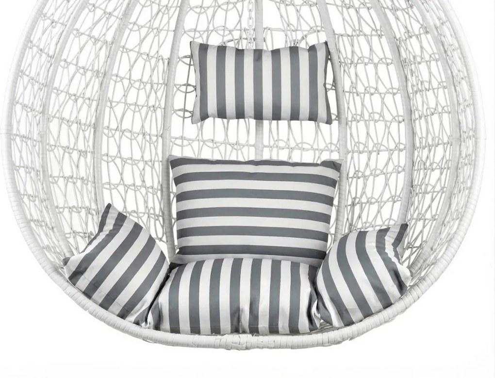 Białe wiszące krzesło KOKON bez stojaka, biało-szara poduszka