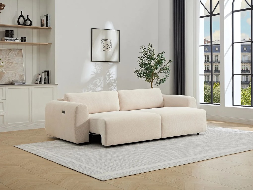 Kanapa  4-osobowa z elektryczną funkcją wysuwania siedziska, welurowa  w prążki  w kolorze beżowym PASTARO