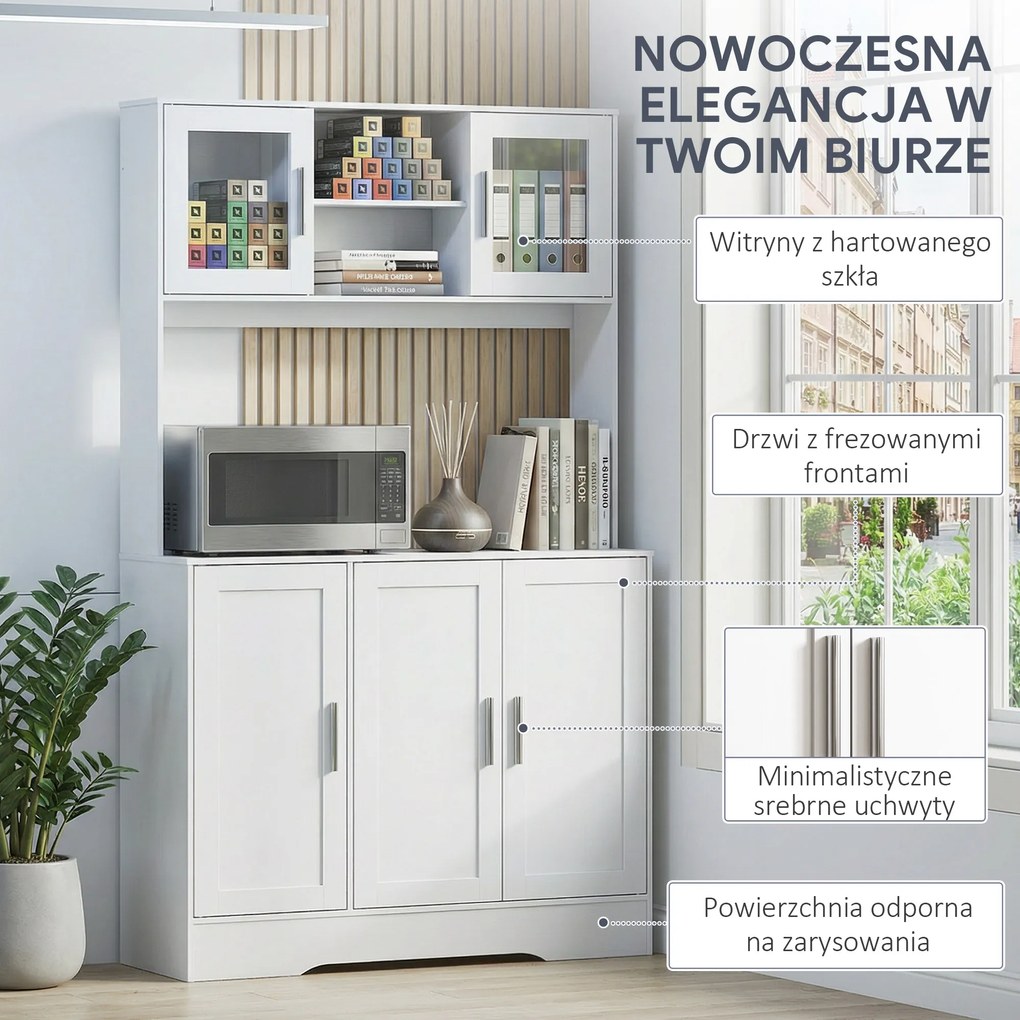 HOMCOM Szafka kuchenna, Design skandynawski, 4 szafki, Regulowane półki, Drzwi ze szkła, Otwarta przestrzeń, Płyta wiórowa, MDF, Biały