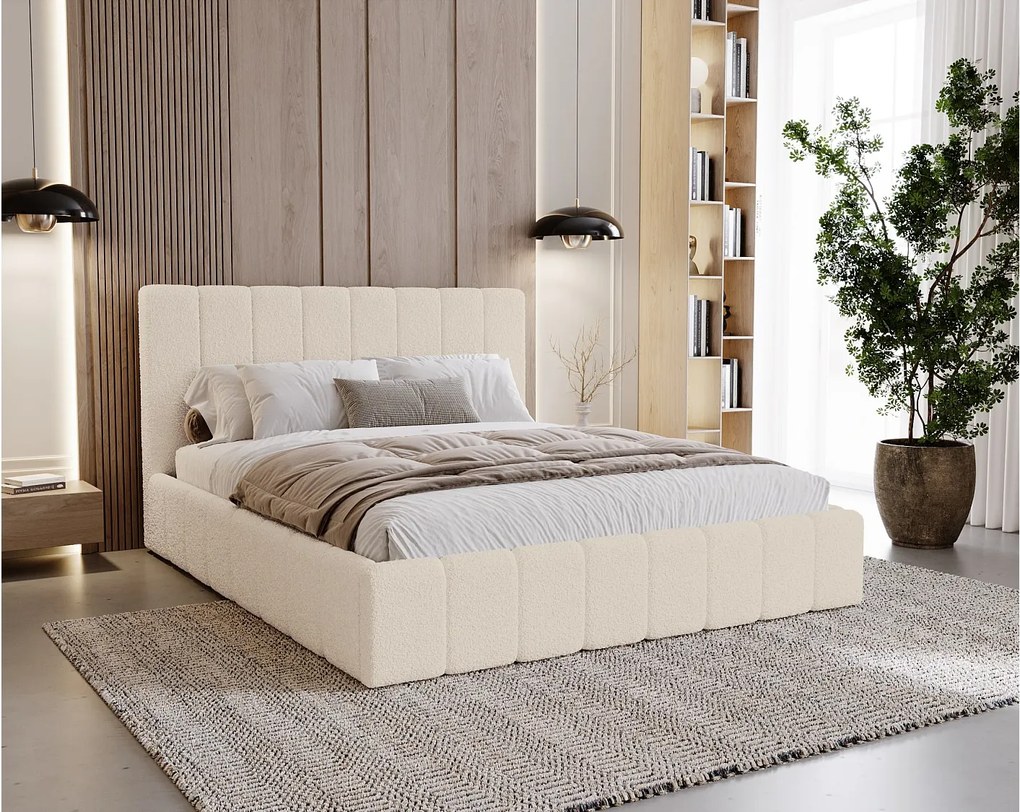 BESILIO Sypialnia łóżko slim 160x200 Lexy - stelaż metalowy, pojemnik na pościel, slim łóżko, tkanina boucle - Kremowy