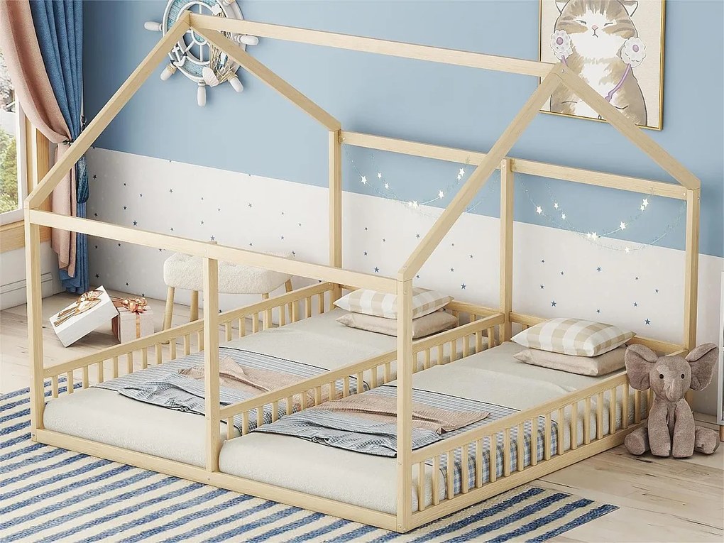 Łóżko piętrowe z drewna sosnowego 2x90x200cm - z dachem i stelażem na listwy - Naturalne