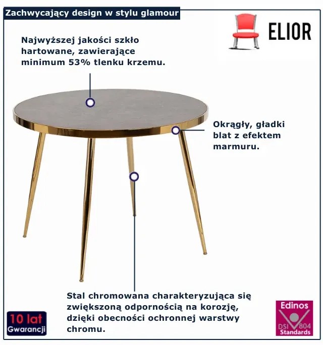 Szklany okrągły stół w stylu glamour szary marmur + złoty - Refli